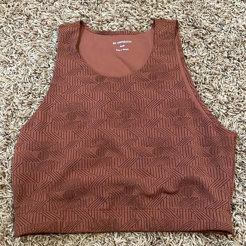 REI co-op take your time bra top, brown with dark brown abstract pattern